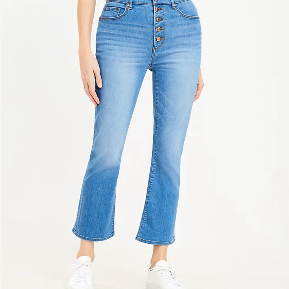 Loft Curvy Button Front High Rise Kick Crop Jeans